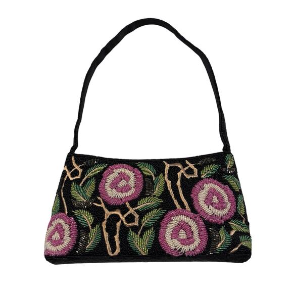 New Coast Handbags Handbags - Y2K Vintage Beaded Floral Clutch Bag Black Pink Evening Wedding Handbag Purse